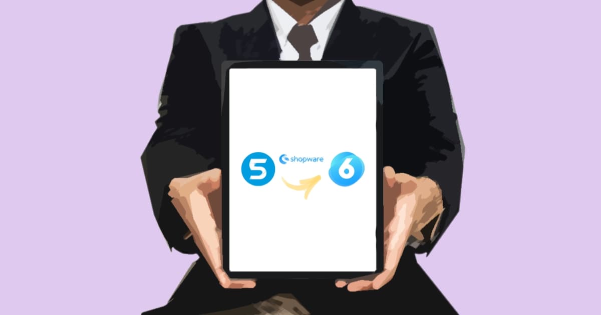 A man holding a tablet comparing Shopware 5 with Shopware 6