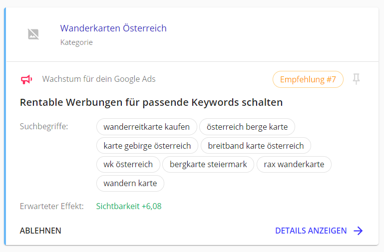 Example of a Google Ads recommendation from Shopstory