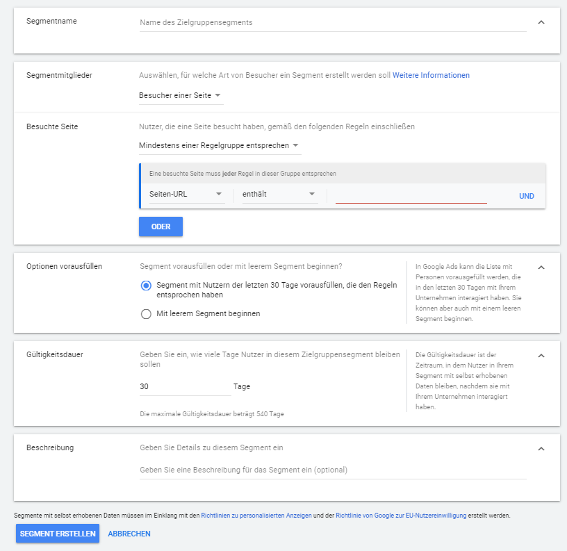 Remarketing Segmente erstellen