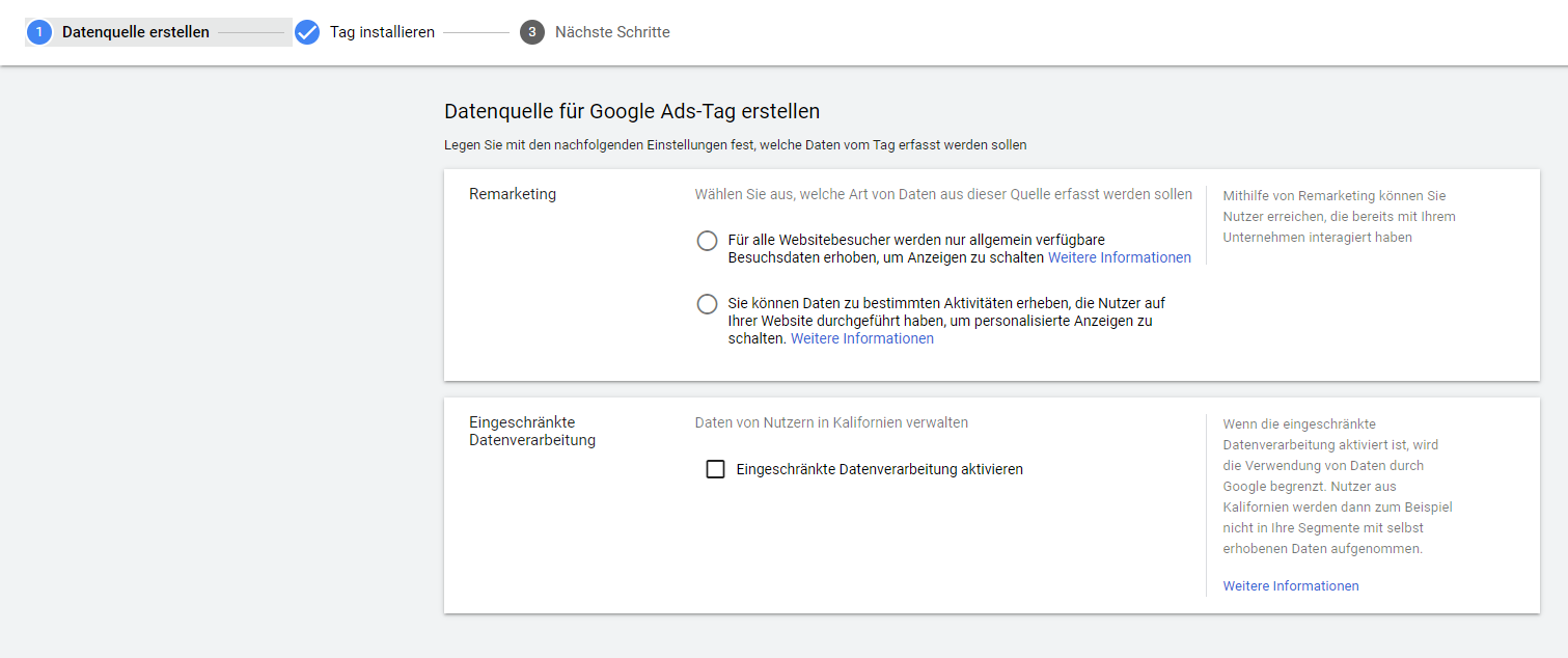Datenquelle Google Ads Tag erstellen