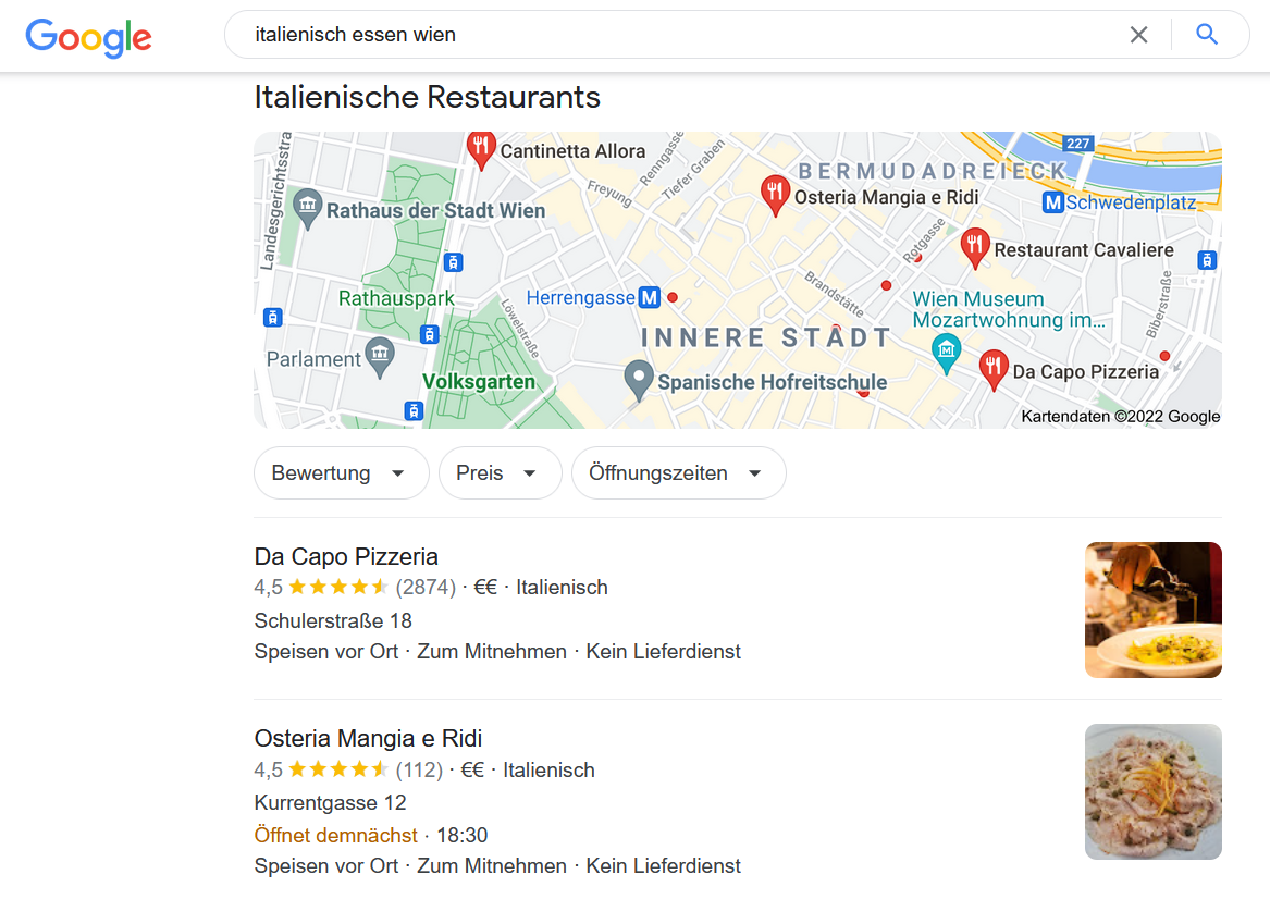 Google Suchergebnisse zu 'italienisch essen Wien'