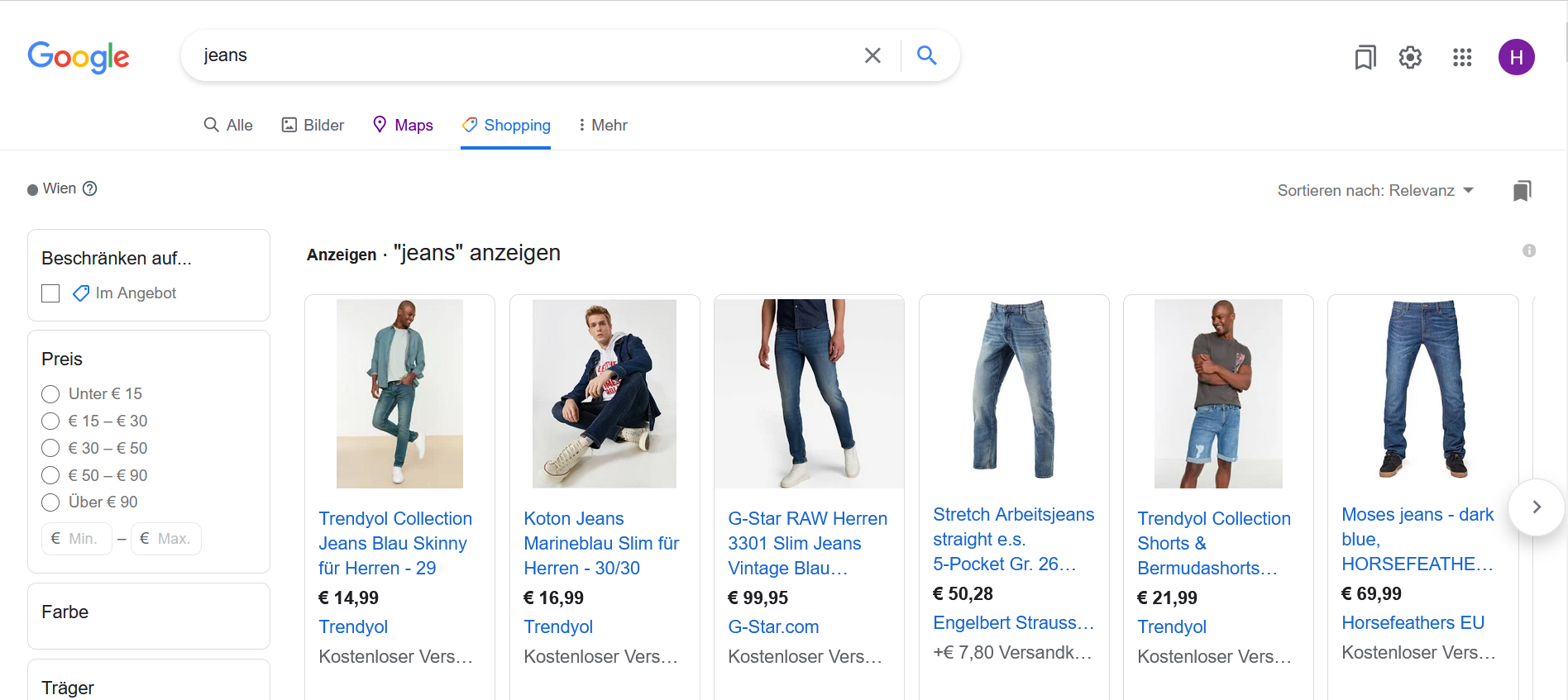 Shopping-Ergebnisse in der Kategorie “Shopping” auf Google