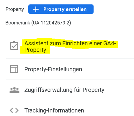 Klicke auf “Assistent zum Einrichten einer GA4-Property”