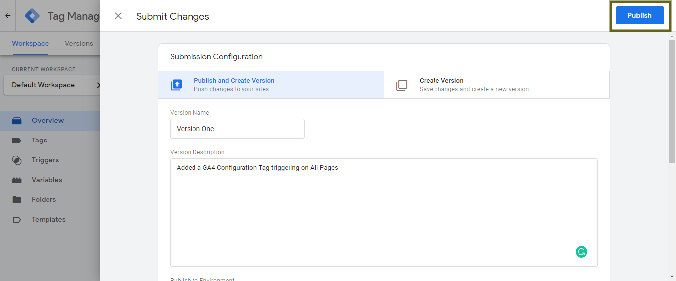 Google Tag Manager Tab - Version Name - Detailed Description - Publish
