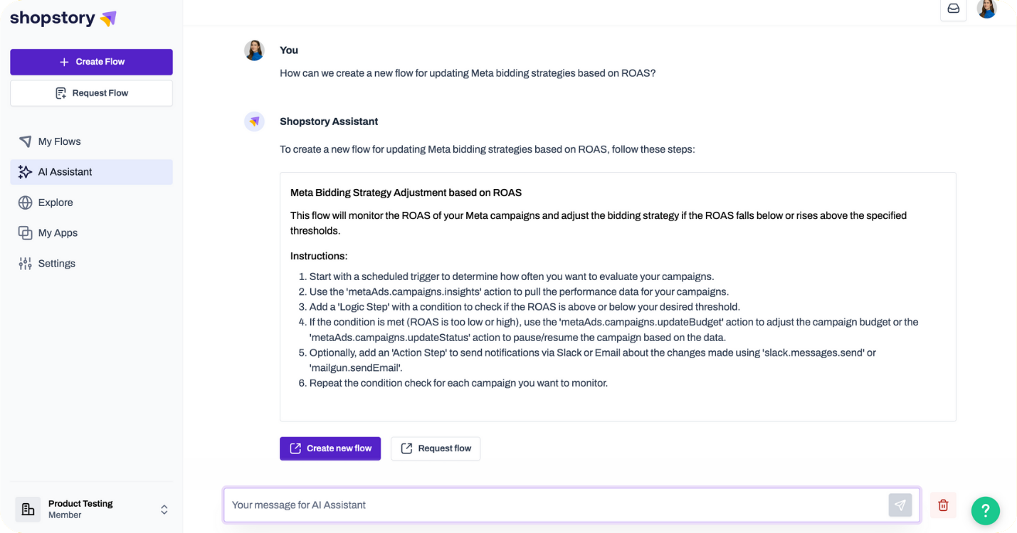 We ask the AI Assistant how to create a non-existent flow from scratch