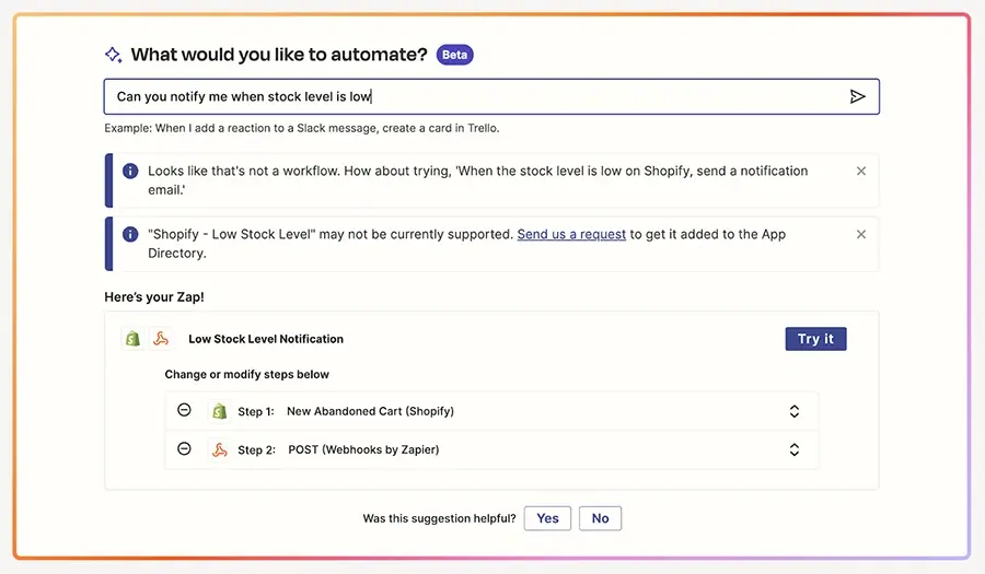 Asking Zapier's AI chat to find a “Zap”