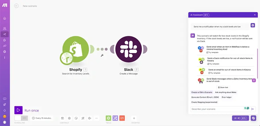 Asking the AI chatbot to create a workflow, a “scenario,” on Make