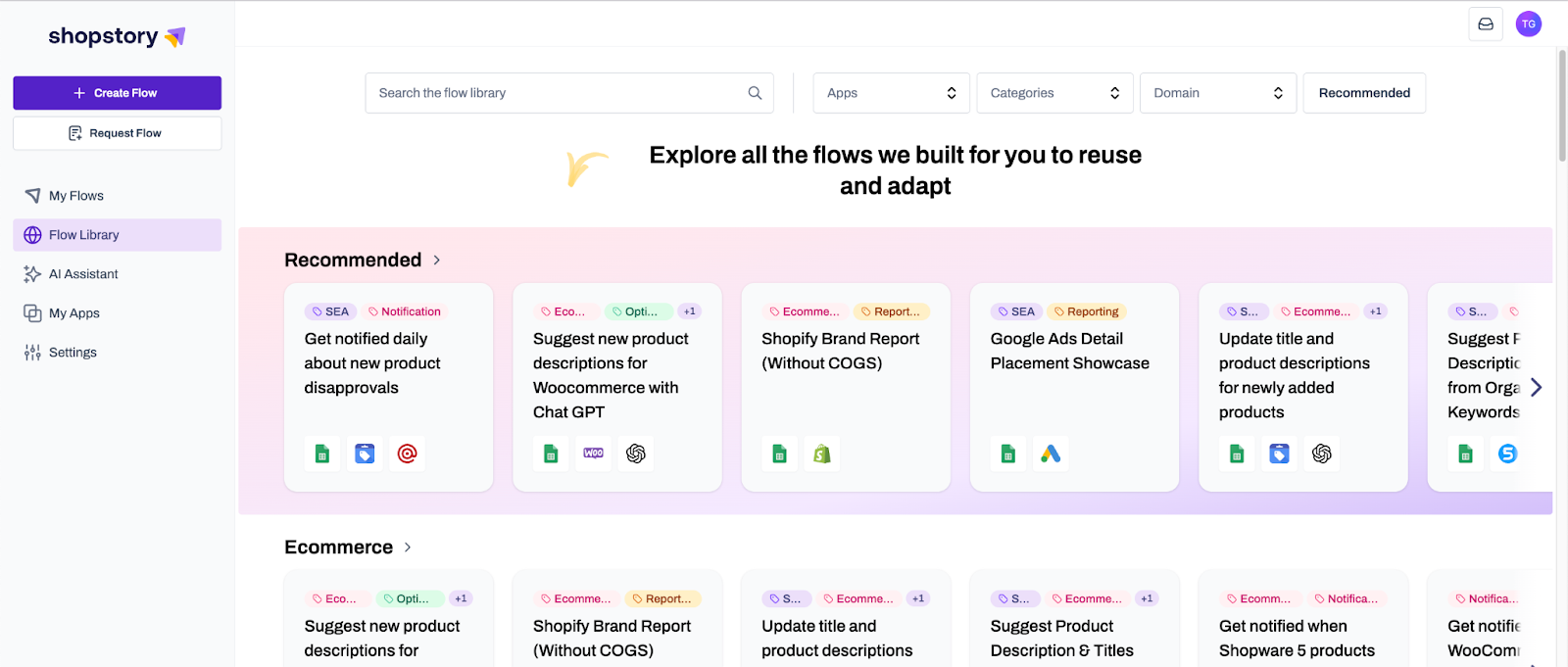 Workflow recommendations in the Flow Library